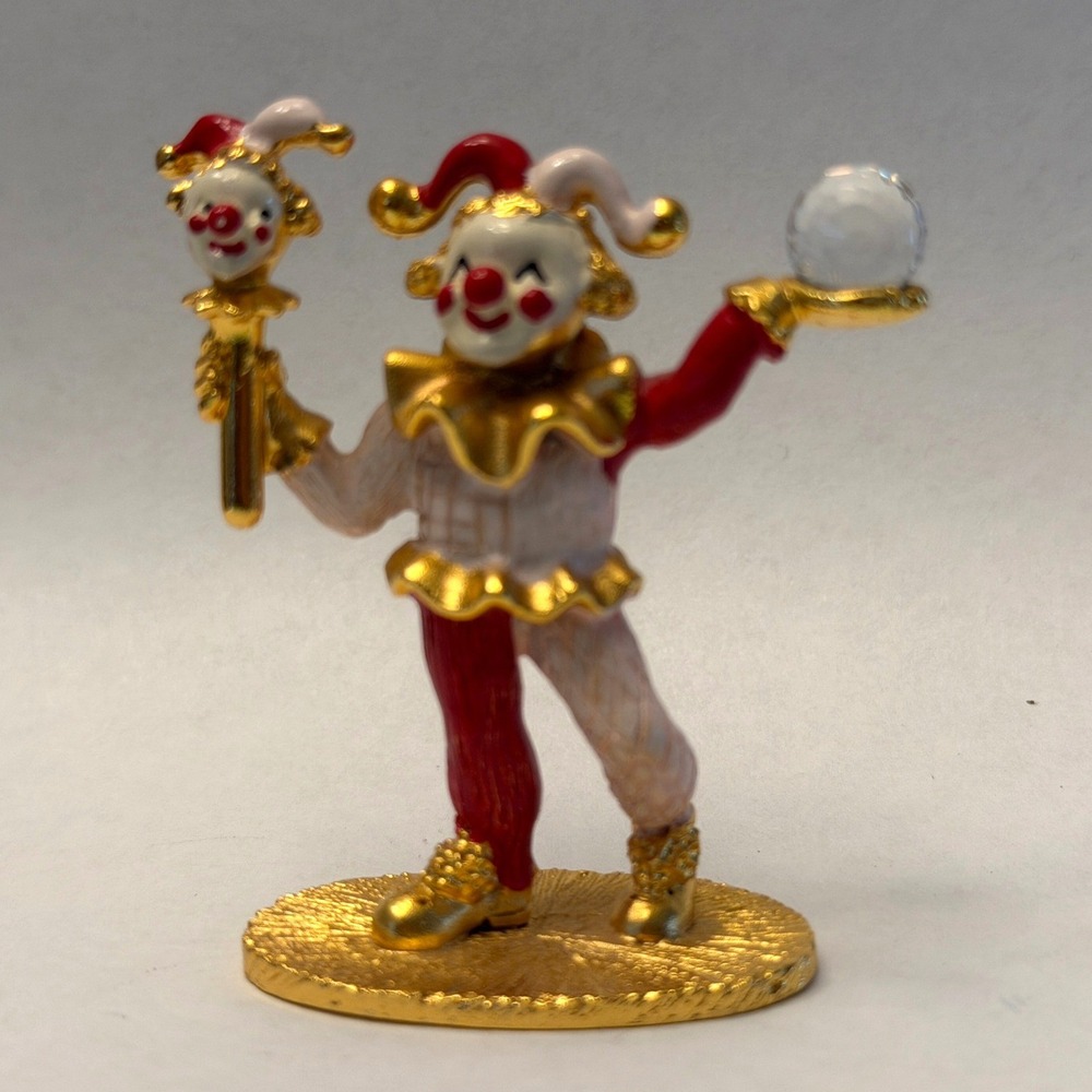 Vintage Enamel Clown Jester Figurine Gold Tone Crystal Orb Scepter Miniature